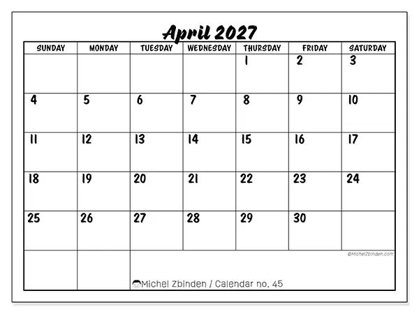 Printable April 2027 calendar - Academic success - Week from Sunday to Saturday