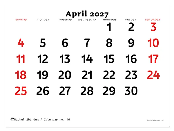 Printable April 2027 calendar - Clear vision - Week from Sunday to Saturday