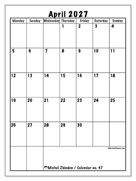 Printable April 2027 calendar - Efficient planning