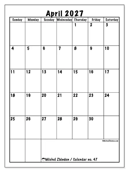 Printable April 2027 calendar - Efficient planning - Week from Sunday to Saturday