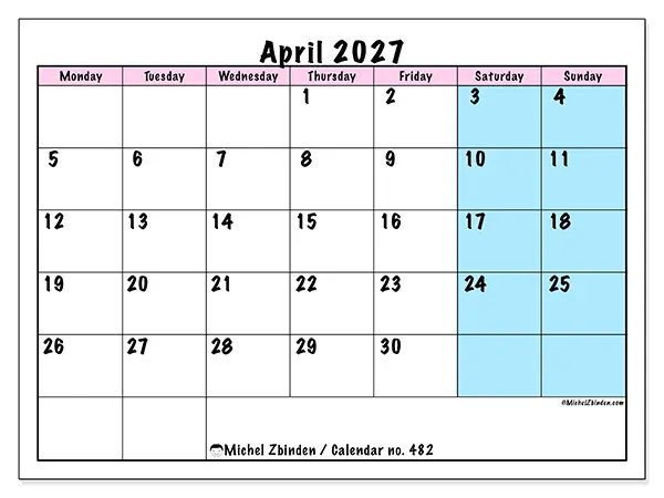 Printable April 2027 calendar - Team schedule