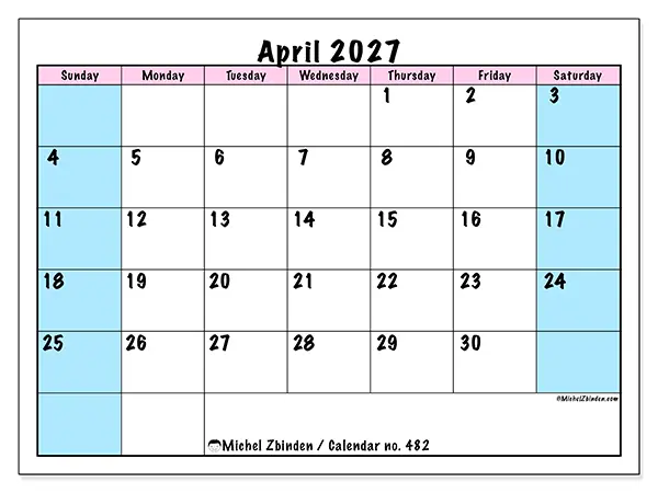 Printable April 2027 calendar - Team schedule - Week from Sunday to Saturday