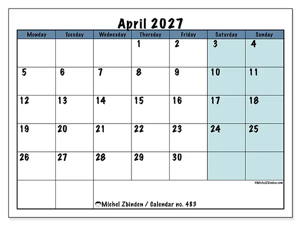 Printable April 2027 calendar - Structured for school