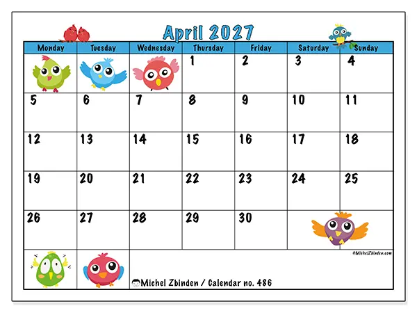 Printable April 2027 calendar - Funny birds