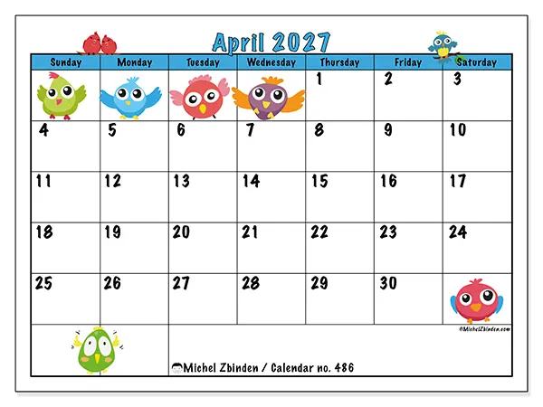 Printable April 2027 calendar - Funny birds - Week from Sunday to Saturday