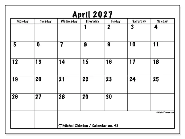 Printable April 2027 calendar - Daily efficiency