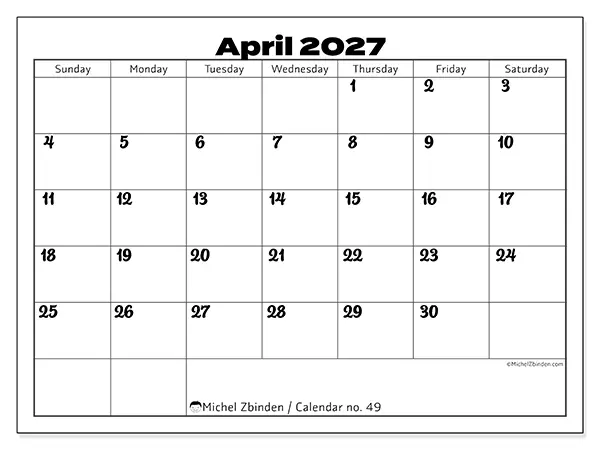 Printable April 2027 calendar - Productive coordination - Week from Sunday to Saturday