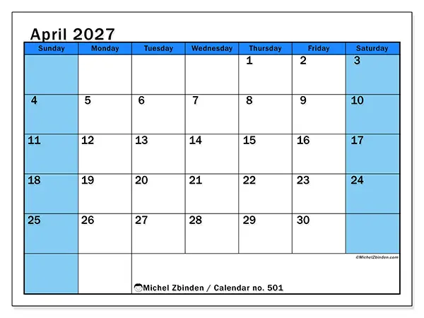 Printable April 2027 calendar - Dynamic studies - Week from Sunday to Saturday