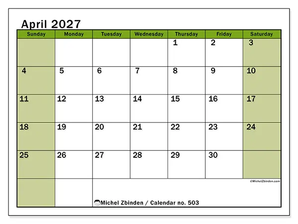 Printable April 2027 calendar - Lively organization - Week from Sunday to Saturday