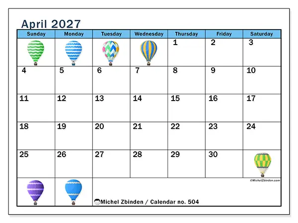 Printable April 2027 calendar - Hot air balloons - Week from Sunday to Saturday