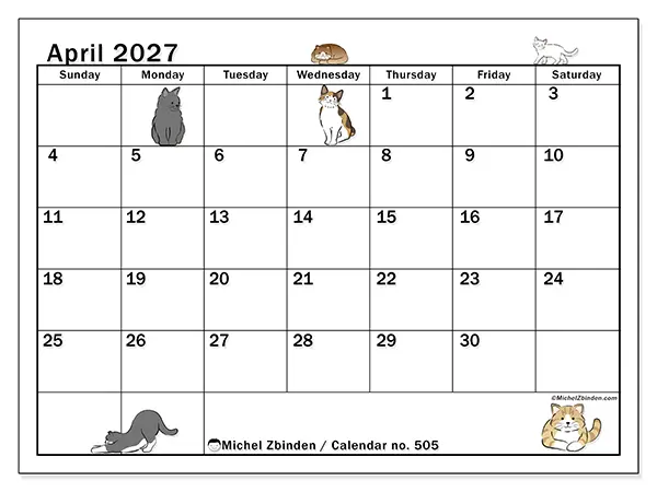 Printable April 2027 calendar - Cat life - Week from Sunday to Saturday