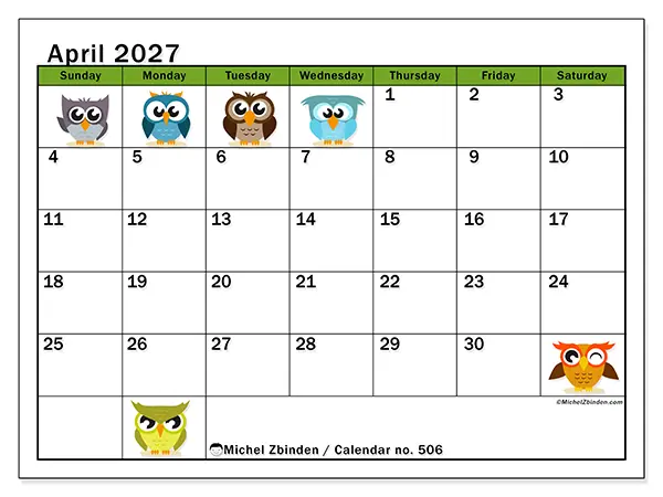 Printable April 2027 calendar - Funny owls - Week from Sunday to Saturday