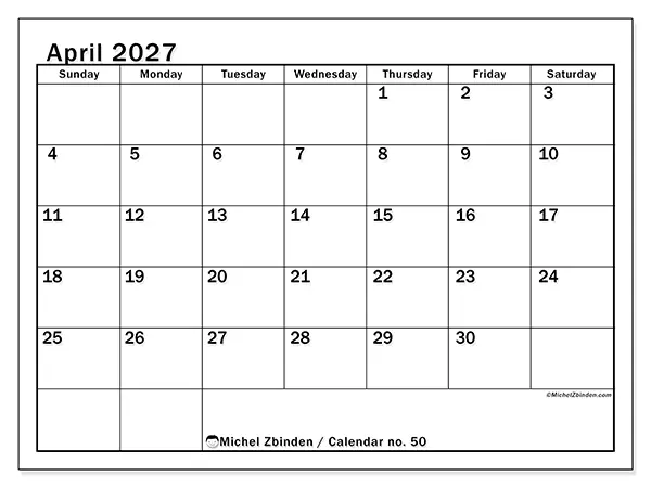 Printable April 2027 calendar - Optimal planning - Week from Sunday to Saturday