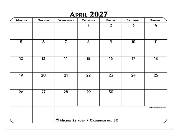 Printable April 2027 calendar - Professional organization