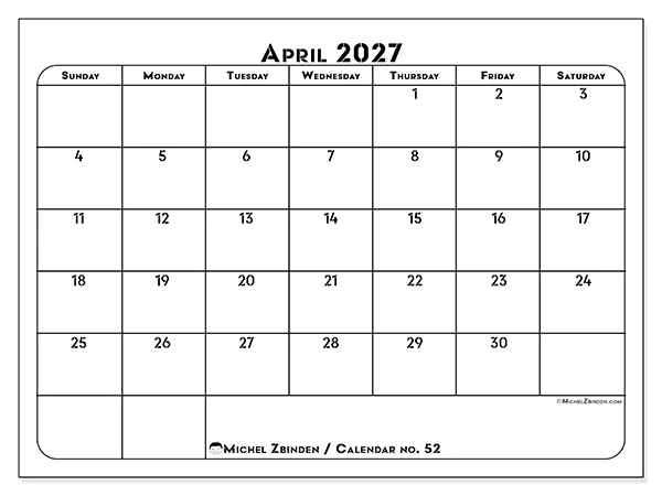 Printable April 2027 calendar - Professional organization - Week from Sunday to Saturday