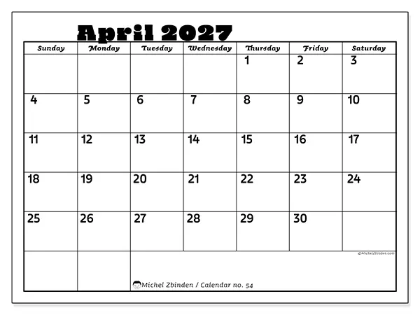 Printable April 2027 calendar - Family activities - Week from Sunday to Saturday