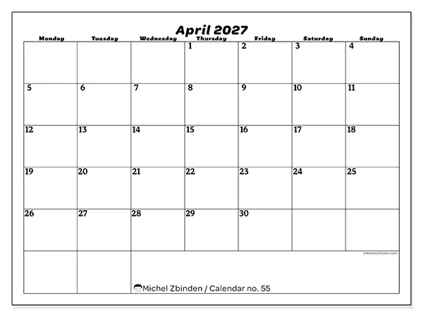 Printable April 2027 calendar - Leisure organization