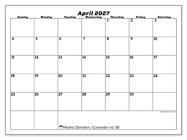 Printable April 2027 calendar - Leisure organization - Week from Sunday to Saturday