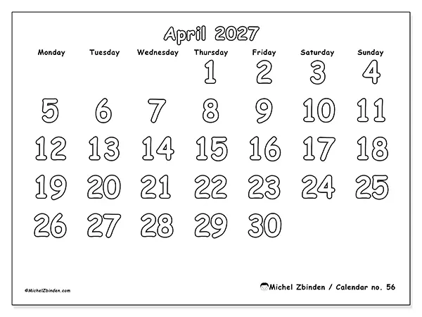Printable April 2027 calendar - Useful coloring
