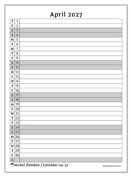 Printable April 2027 calendar - Activity list