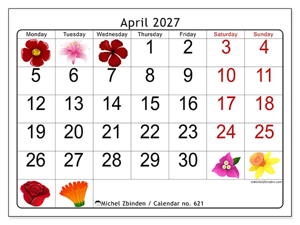 Printable April 2027 calendar - Big flowers