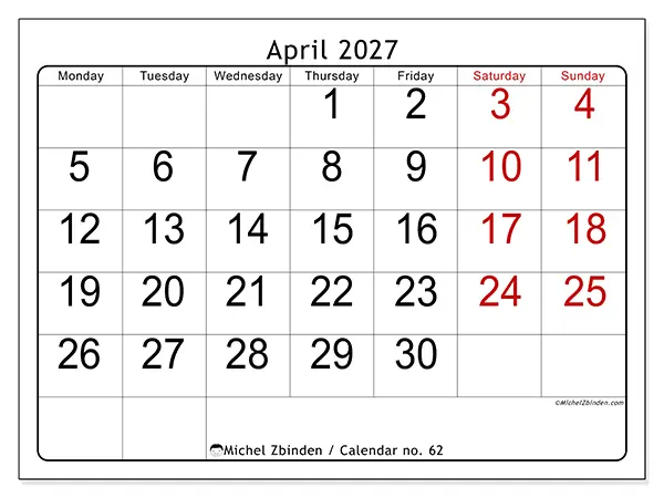 Printable April 2027 calendar - Speed reading
