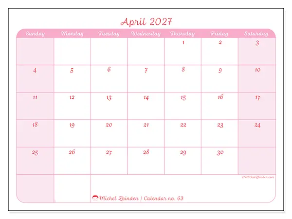 Printable April 2027 calendar - Gentle organization - Week from Sunday to Saturday