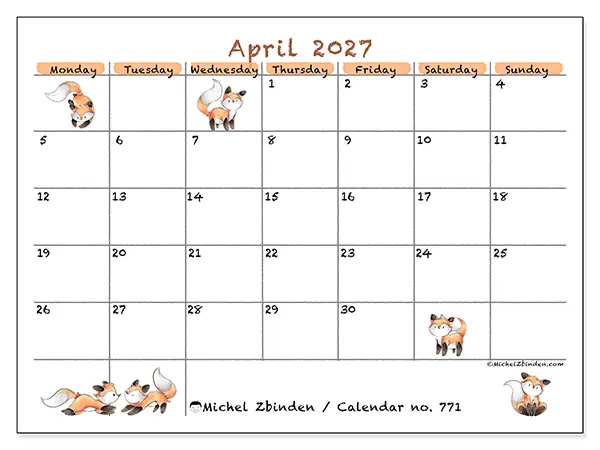Printable April 2027 calendar - Fox drawings