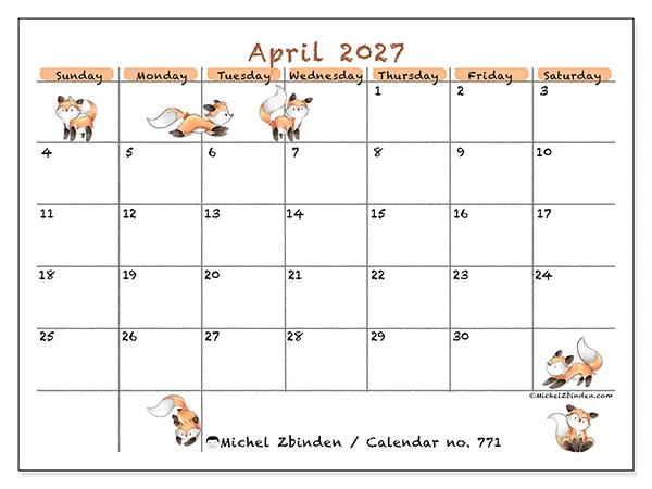 Printable April 2027 calendar - Fox drawings - Week from Sunday to Saturday