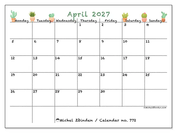 Printable April 2027 calendar - Decorative cactus