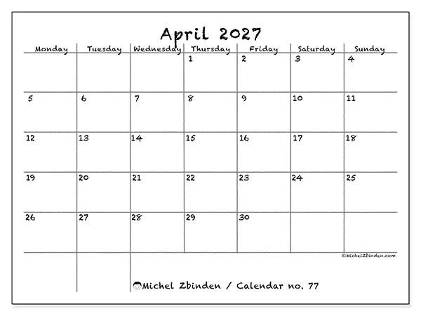 Printable April 2027 calendar - School and family