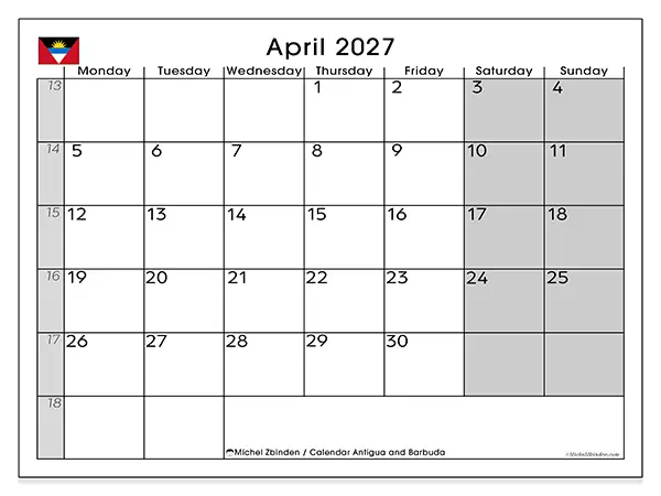 Printable April 2027 calendar - Antigua and Barbuda