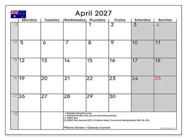 Printable April 2027 calendar - Australia