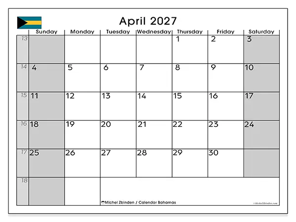 Printable April 2027 calendar - Bahamas
