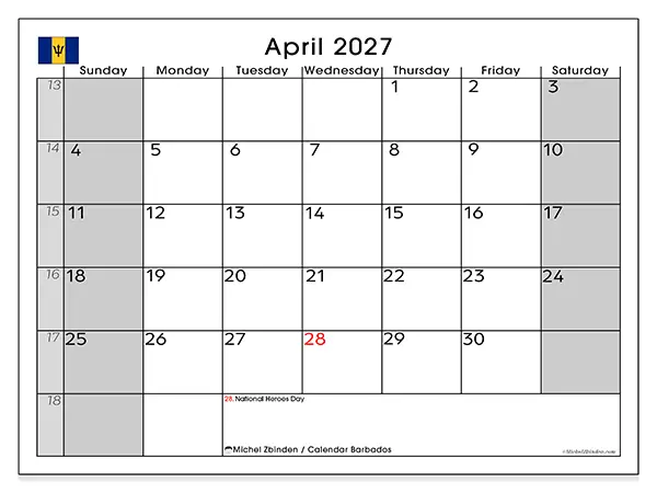 Printable April 2027 calendar - Barbados