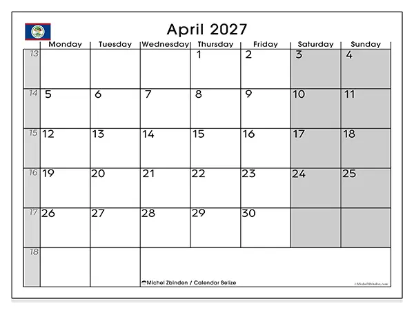Printable April 2027 calendar - Belize