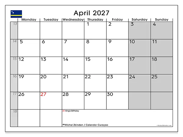 Printable April 2027 calendar - Curaçao