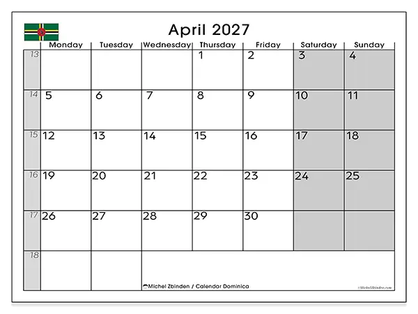 Printable April 2027 calendar - Dominica