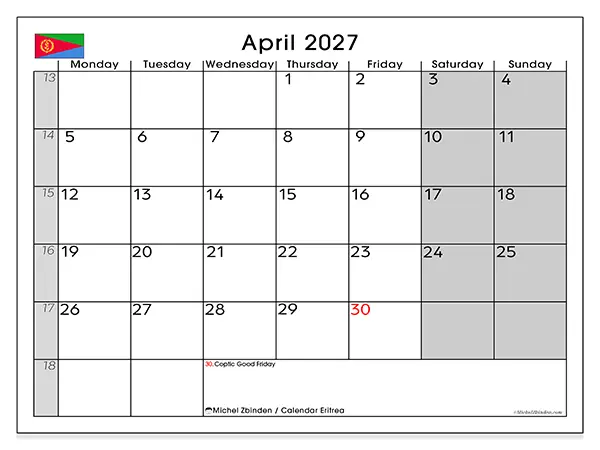 Printable April 2027 calendar - Eritrea