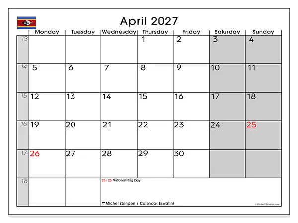 Printable April 2027 calendar - Eswatini