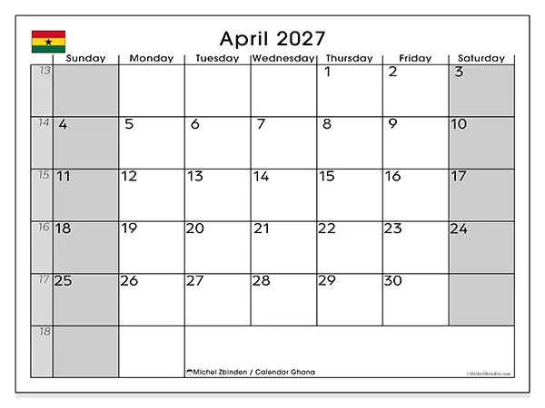 Printable April 2027 calendar - Ghana