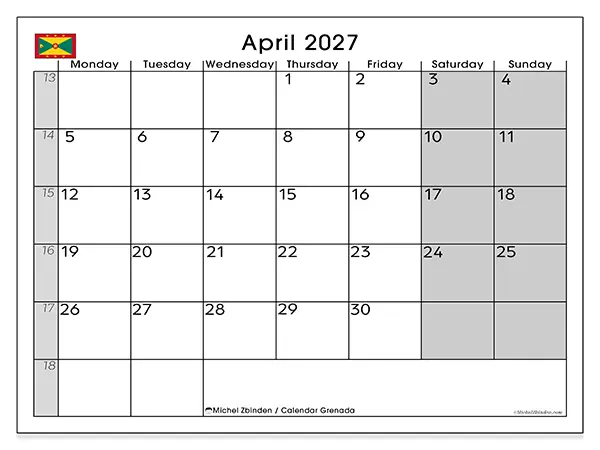 Printable April 2027 calendar - Grenada