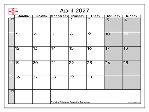 Printable April 2027 calendar - Guernsey