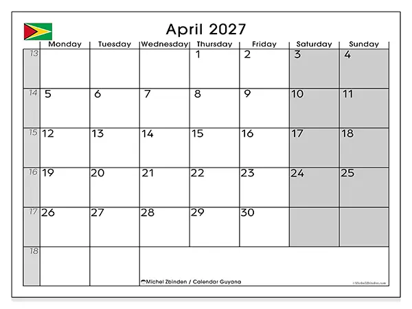 Printable April 2027 calendar - Guyana