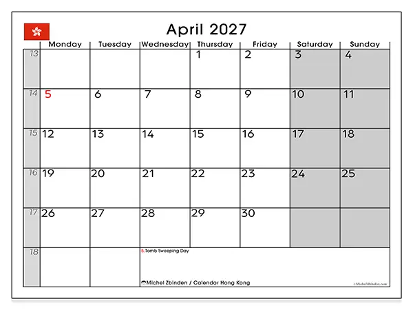 Printable April 2027 calendar - Hong Kong