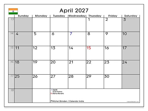 Printable April 2027 calendar - India