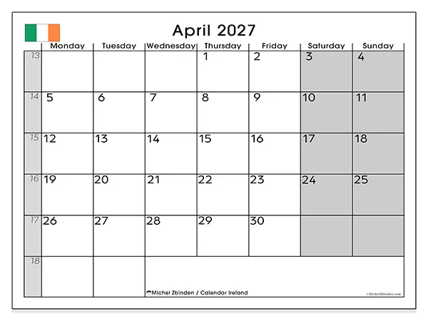Printable April 2027 calendar - Ireland