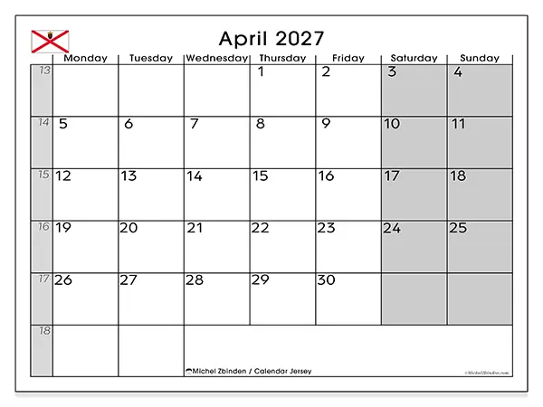 Printable April 2027 calendar - Jersey