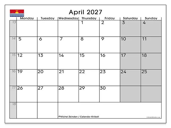 Printable April 2027 calendar - Kiribati