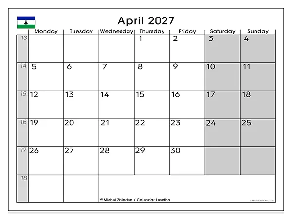 Printable April 2027 calendar - Lesotho